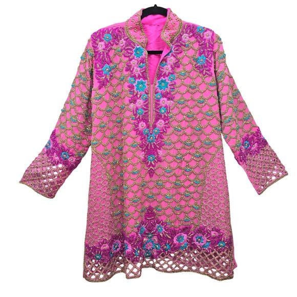 Indian Bridal Kaftan Pink Gold Beaded Rhinestone Mermaid Fairy Boho Maximalist - Picture 1 of 10